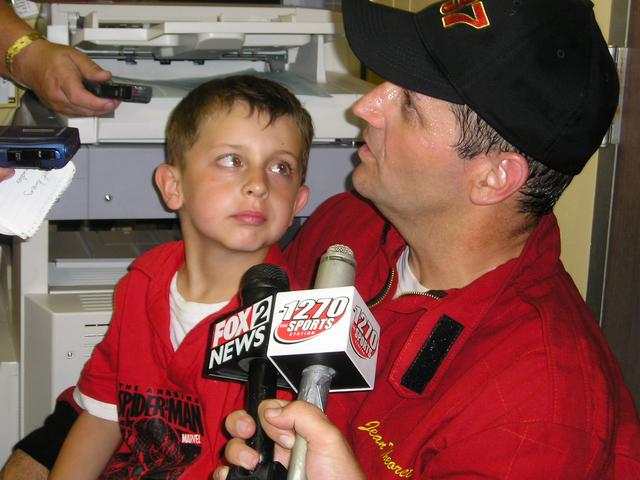 Jean Theoret and son in post-race press interview
